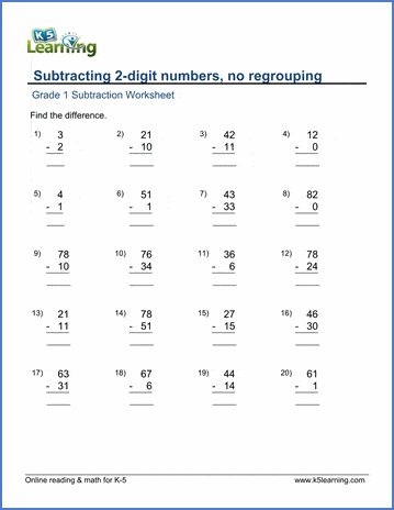 Grade 1 Math Worksheet - Subtracting 2-digit numbers (no regrouping