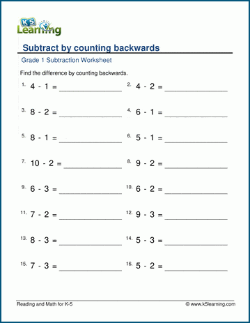 Subtraction by counting backwards worksheets
