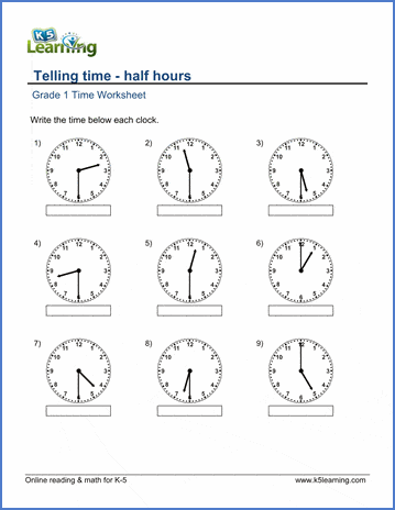 Grade 1 Math Worksheet - Telling time: half hours | K5 ...