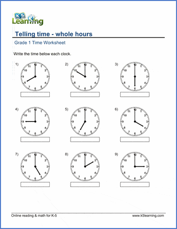 Grade 1 Telling time Worksheet on whole hours
