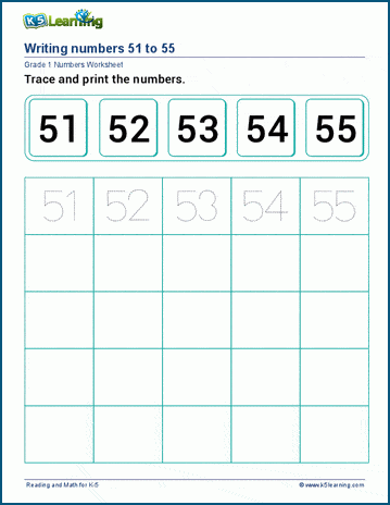 Printing numbers 51-75 worksheet