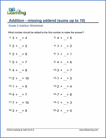 Grade 2 Addition Worksheet on adding within 0-10 - missing addend