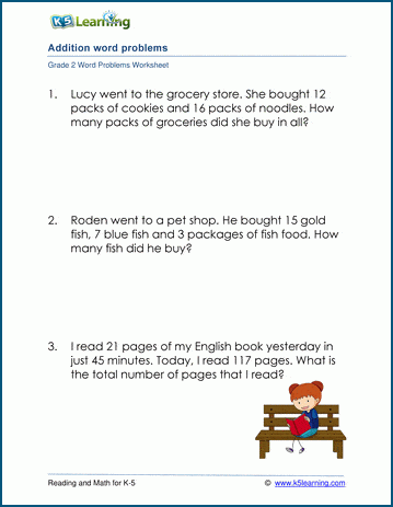 Grade 2 Word Problems Worksheet on addition of 1-3 digit numbers