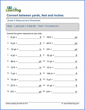Grade 2 Measurement Worksheet on converting between yards, feet & inches