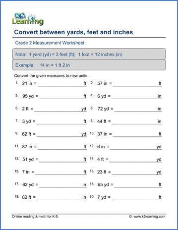 Grade 2 Measurement Worksheet on converting between yards, feet & inches (harder)