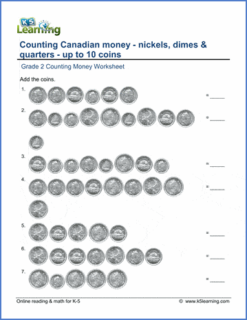 Grade 2 Counting money Worksheet on counting Canadian nickels, dimes, quarters