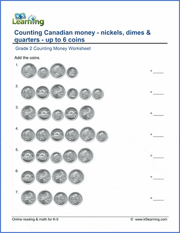 Grade 2 Counting money Worksheet on counting Canadian nickels, dimes & quarters