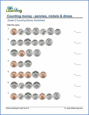 Grade 2 Counting money Worksheet on counting pennies, nickels and dimes