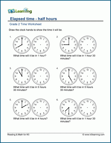 Grade 2 telling time Worksheet on elapsed time - whole hours and half hours
