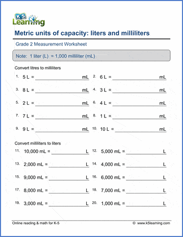Grade 2 Measurement Worksheet on converting between liters and milliliters