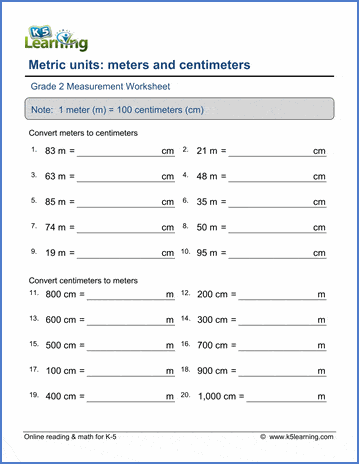 Grade 2 Measurement Worksheet on converting between centimeters and meters