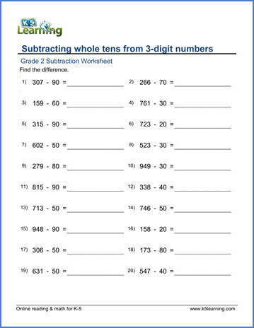Grade 2 Subtraction Worksheet on subtracting whole tens from 3-digit numbers