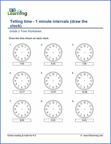 Grade 2 telling time Worksheet on telling time - 1-minute intervals (draw the clock)