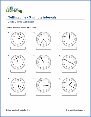 Grade 2 telling time Worksheet on telling time - 5-minute intervals