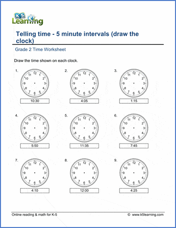 Grade 2 telling time Worksheet on telling time - 5-minute intervals (draw the clock)