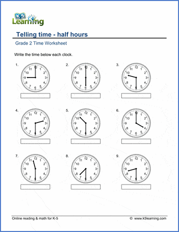 Grade 2 Telling Time Worksheets: Reading a clock - half ...