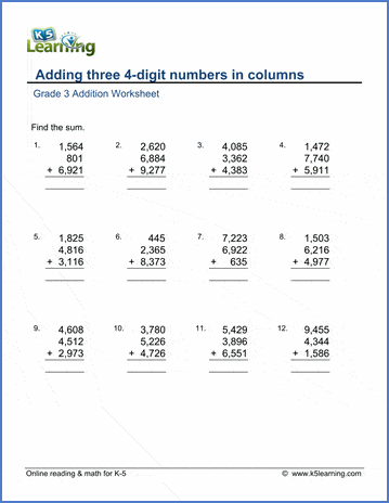 Grade 3 Addition Worksheet adding three 4-digit numbers in columns