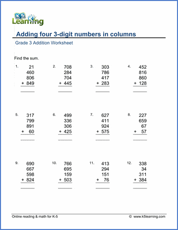 Grade 3 Addition Worksheet adding four 3-digit numbers in columns