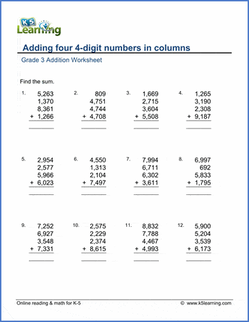 Grade 3 Addition Worksheets: adding four 4-digit numbers in columns