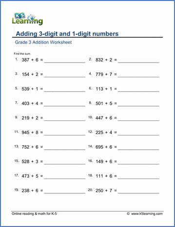 Grade 3 Addition Worksheet adding 3-digit and 1-digit numbers