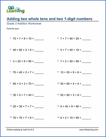 Grade 3 Addition Worksheet adding two whole tens and two 1-digit numbers