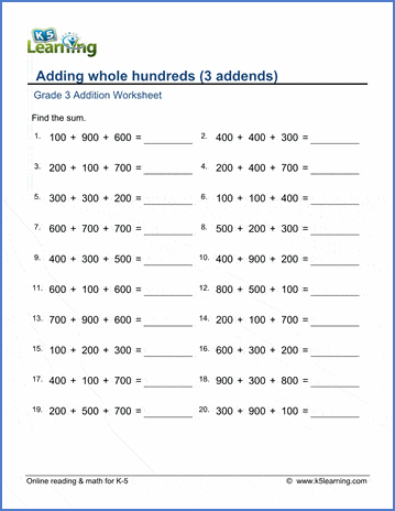 Grade 3 Addition Worksheet adding whole hundreds (3 addends)