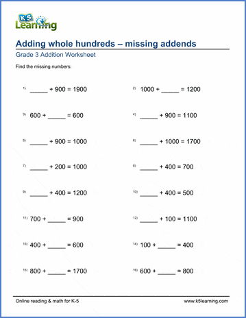 Grade 3 Addition Worksheet adding whole hundreds with missing addend