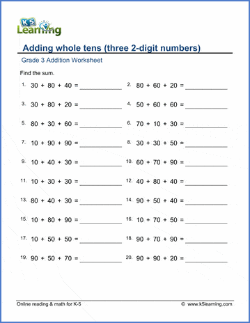 Grade 3 Addition Worksheet adding whole tens (three 2-digit numbers)