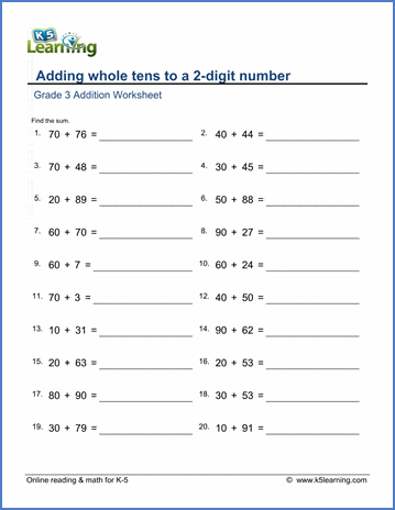 Grade 3 Addition Worksheet adding whole tens to a 2-digit number