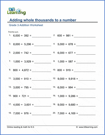 Grade 3 Addition Worksheet adding whole thousands to a number