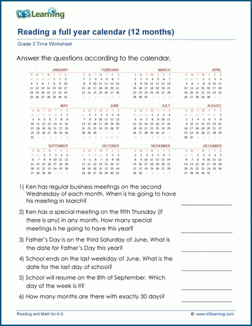 Grade 3 Calendar Worksheet: Reading a full year calendar | K5 Learning