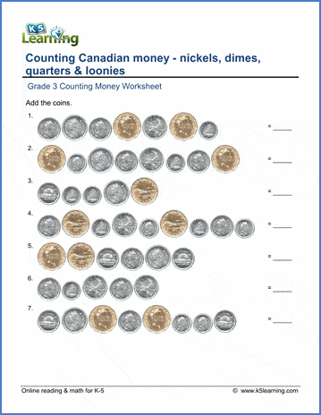 Grade 3 Counting money Worksheet on counting Canadian nickels, dimes and quarters
