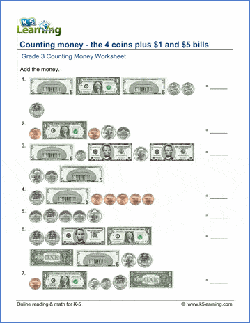 Grade 3 Money Worksheet: Counting the 4 coins plus $1 and $5 bills | K5