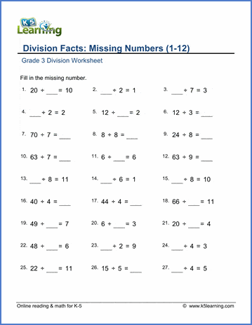 Grade 3 Division Worksheet subtraction - division facts: missing numbers (1-12)