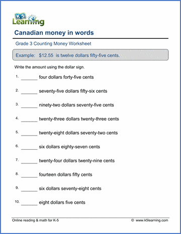 Grade 3 Counting money Worksheet on writing Canadian money in words - words to numbers