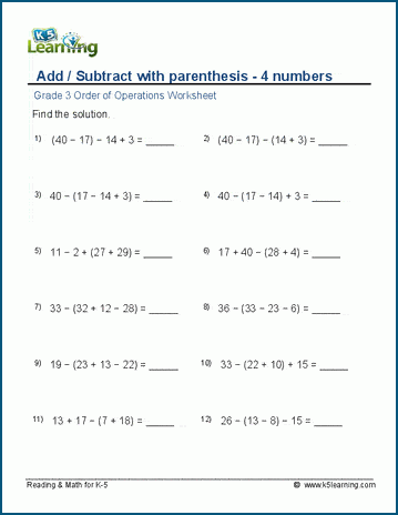 Grade 3 order of operations Worksheet add/subtract with parenthesis - 4 numbers