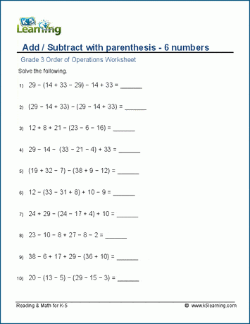 Grade 3 order of operations Worksheet add/subtract with parenthesis - 6 numbers