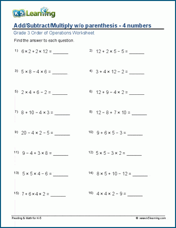 Grade 3 order of operations Worksheet add/subtract/multiply with no parenthesis - 4 numbers