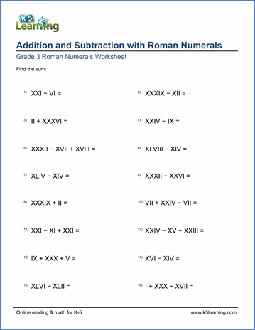 Grade 3 Roman numerals Worksheet adding and subtracting Roman Numerals