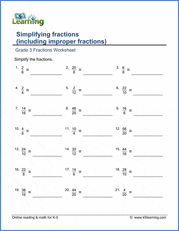 Grade 3 Math Worksheets: Simplifying fractions | K5 Learning