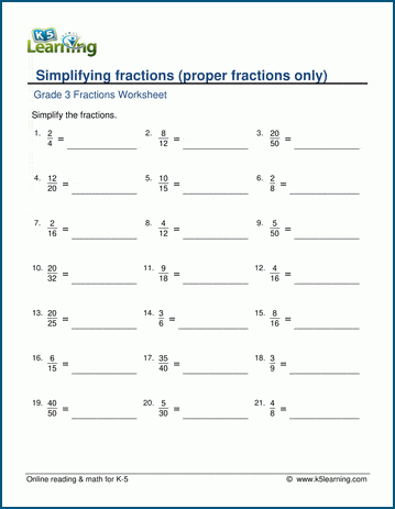 Grade 3 Math Worksheets: Simplifying proper fractions | K5 Learning