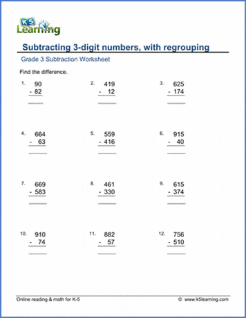Grade 3 Subtraction Worksheet: Subtracting 3-digit numbers in columns