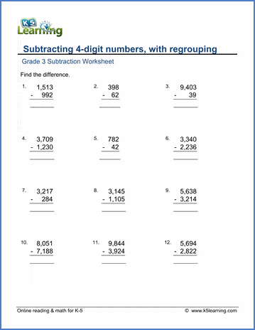 Grade 3 Math Worksheet: Subtract 4-digit numbers, with regrouping | K5