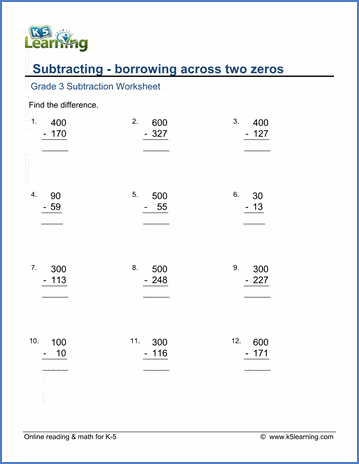 Grade 3 Subtraction Worksheet subtraction - borrowing across two zeros