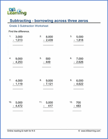 Grade 3 Subtraction Worksheet subtraction - borrowing across three zeros