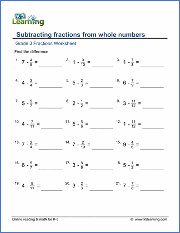 Grade 3 Fractions & decimals Worksheet subtracting fractions from whole numbers