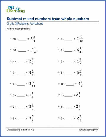 Grade 3 Math Worksheets: Subtract mixed numbers from whole numbers | K5