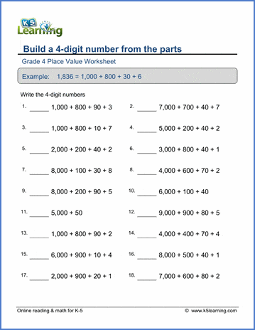 Grade 4 Place Value Worksheets: Build a 4-digit number from the parts