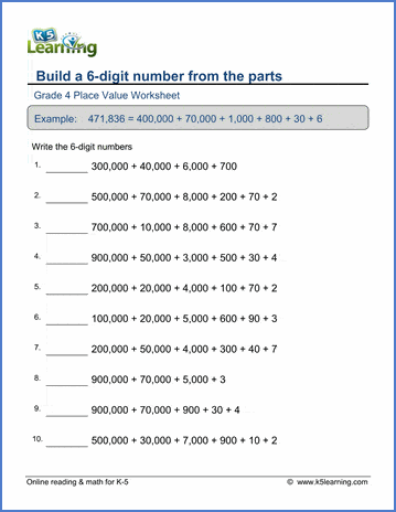 Grade 4 place value & rounding Worksheet building 6-digit numbers from the parts
