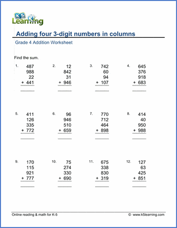 Grade 4 Addition Worksheet adding four 3-digit numbers